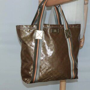 GUCCI GG Crystal Sherry Line Tote Bag Coated Canvas Brown